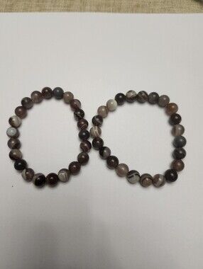 Women’s Beaded Agate Stretch Bracelet Set - Brown & Gray 8mm 6 1/4 - 6 1/2
